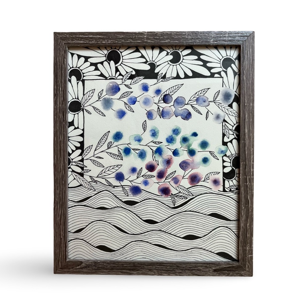 Floral & Abstract Original Pen & Ink / Watercolor Art - Distressed Wooden Frame